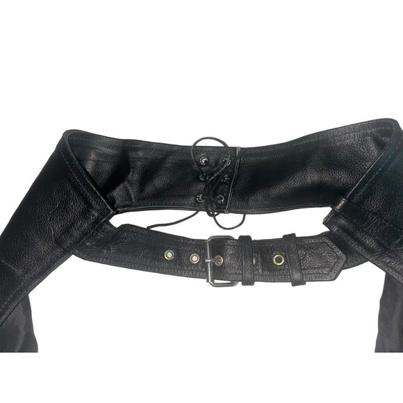 Adult S Black Leather Motorcycle Riding Chaps Adjustable Belt Snap Closure 30-34 - Picture 11 of 14